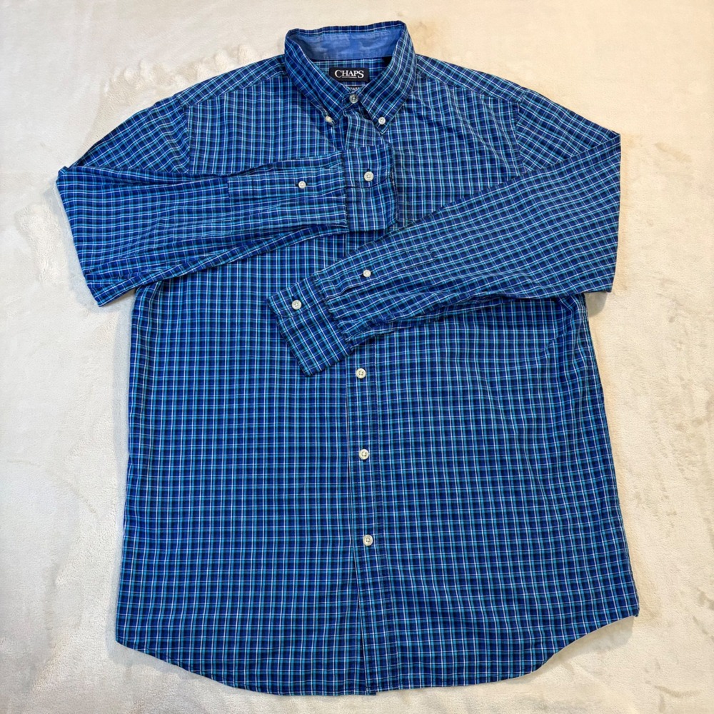 Chaps Mens Blue Plaid Easy Care Long Sleeve Button Down Shirt Size M